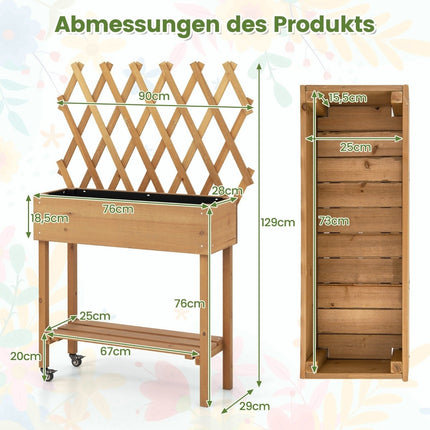 Hochbeet auf Rädern mit Regal &amp; Spalier &amp; Stoffauskleidung Blumenbeet 90 x 29 x 129 cm