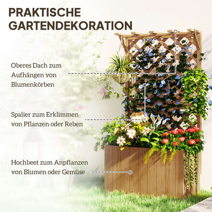 Bac à plantes surélevé avec treillis, toit en treillis, pot de fleurs, bac à fleurs en bois, treillis de jardin 64 x 33 x 122 cm pour jardin, balcon, terrasse, pot de fleurs pour plantes grimpantes, panier de plantes, fleurs