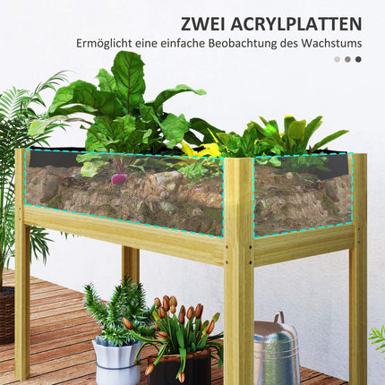 Verhoogd bed met acrylpanelen, verhoogd kruidenbed met drainagegaten, houten plantenbak, weerbestendig groentebed, tuinbed, plantenbed voor tuin, balkon, 110 x 50 x 80 cm natuurlijk hout