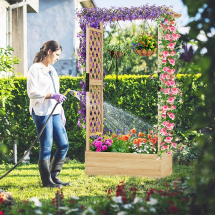 Raised bed with trellis and hanging roof, planter with trellis 110 x 44 x 182 cm natural