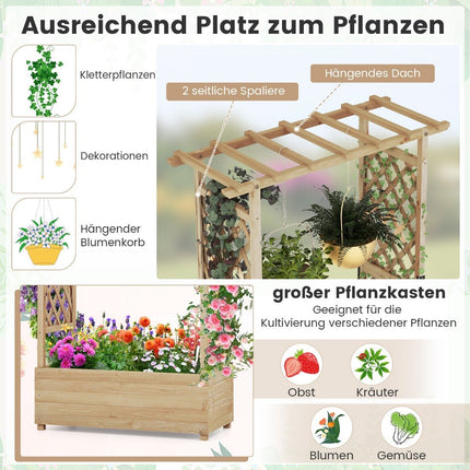 Raised bed with trellis and hanging roof, planter with trellis 110 x 44 x 182 cm natural