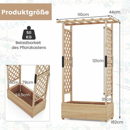 Raised bed with trellis and hanging roof, planter with trellis 110 x 44 x 182 cm natural