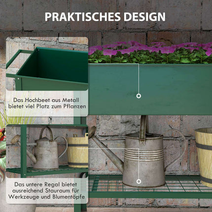 Raised metal garden bed with wheels and shelf, 109x44x80 cm