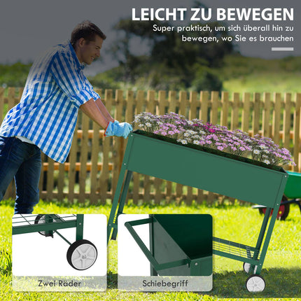 Raised metal garden bed with wheels and shelf, 109x44x80 cm