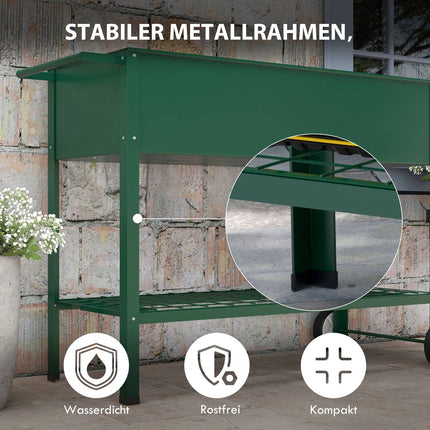 Raised metal garden bed with wheels and shelf, 109x44x80 cm