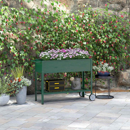 Raised metal garden bed with wheels and shelf, 109x44x80 cm