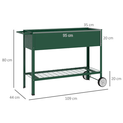 Raised metal garden bed with wheels and shelf, 109x44x80 cm
