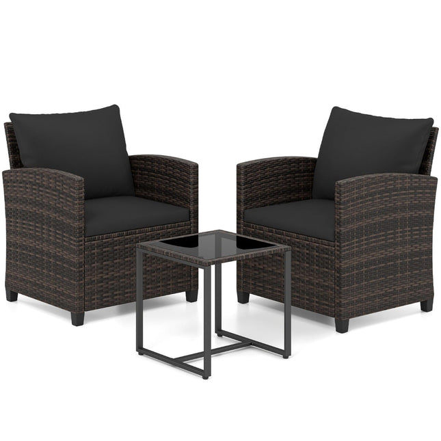 Rattan-Balkonset mit 2 Stühlen & Glastisch, Braun-Schwarz