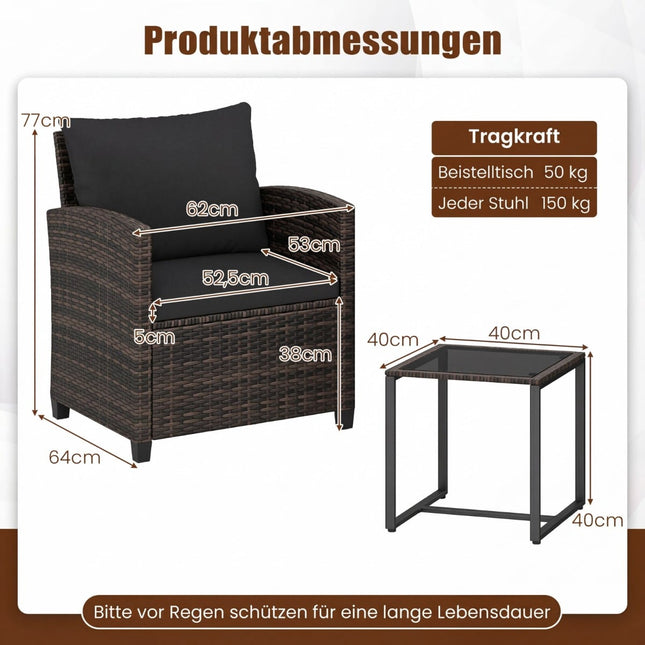 Rattan-Balkonset mit 2 Stühlen & Glastisch, Braun-Schwarz