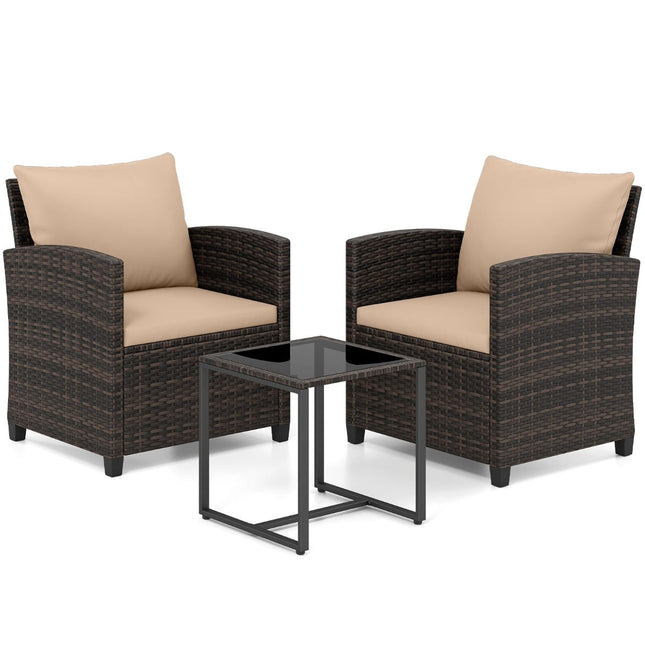 Balkonset Rattan mit 2 Stühlen & Glastisch, Braun-Khaki