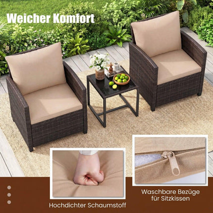 Rattan Balcony Set with 2 Chairs & Glass Table, Brown-Khaki