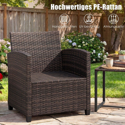 Rattan Balcony Set with 2 Chairs & Glass Table, Brown-Khaki