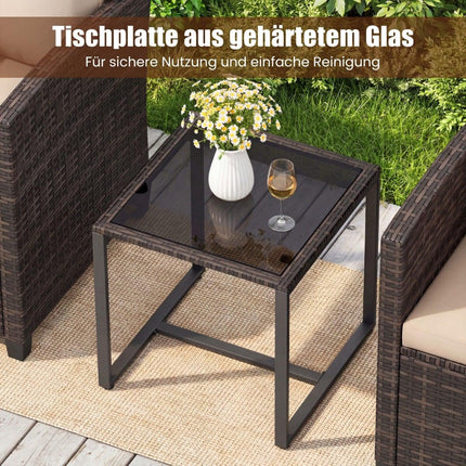 Rattan Balcony Set with 2 Chairs & Glass Table, Brown-Khaki