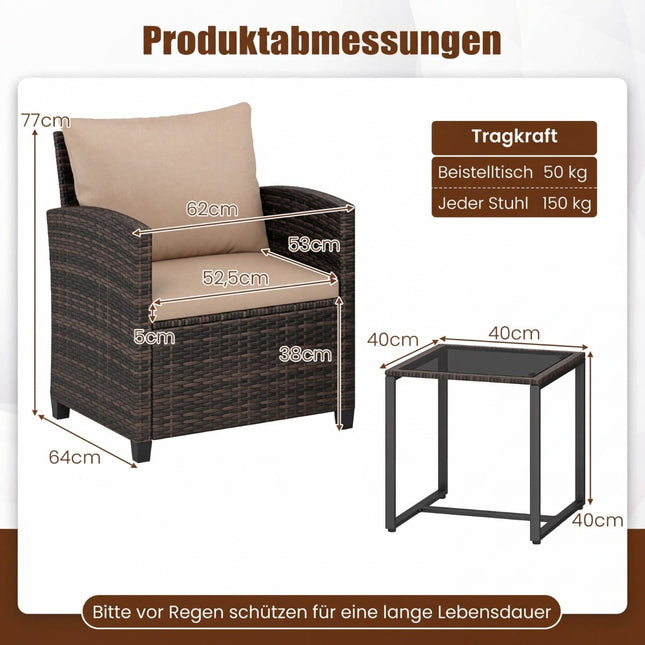 Balkonset Rattan mit 2 Stühlen & Glastisch, Braun-Khaki