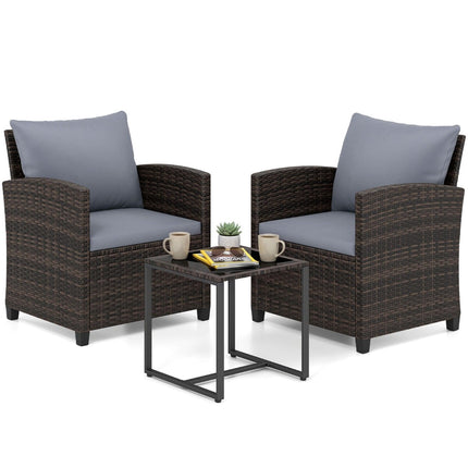 Rattan-Balkonset mit Kissen & Glastisch, 3-teilige Outdoor-Möbel