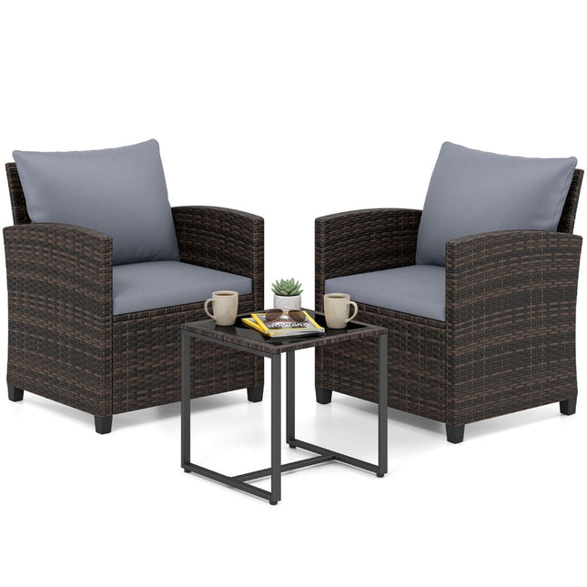 Rattan-Balkonset mit Kissen & Glastisch, 3-teilige Outdoor-Möbel