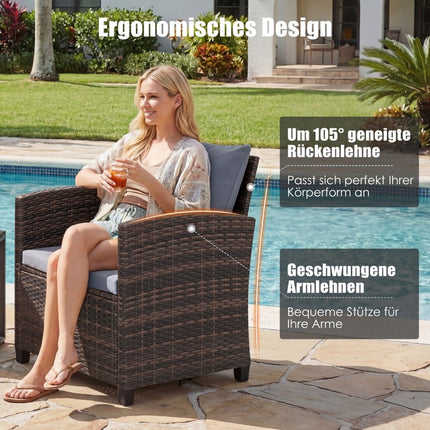 Rattan-Balkonset mit Kissen & Glastisch, 3-teilige Outdoor-Möbel