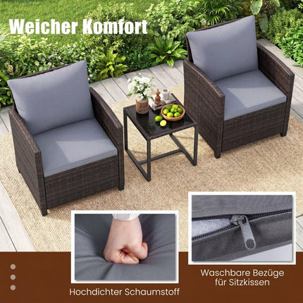 Rattan-Balkonset mit Kissen & Glastisch, 3-teilige Outdoor-Möbel