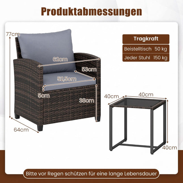 Rattan-Balkonset mit Kissen & Glastisch, 3-teilige Outdoor-Möbel
