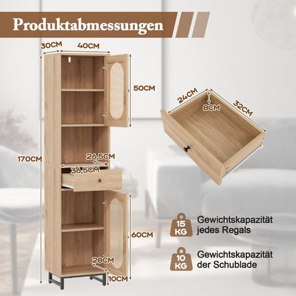 Rattan Badezimmerschrank mit verstellbaren Einlegeböden und Schublade