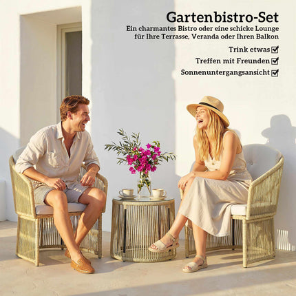 Rattan-Bistro-Set mit Kissen – Tisch & 2 Stühle