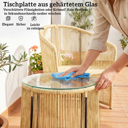Rattan-Bistro-Set mit Kissen – Tisch & 2 Stühle