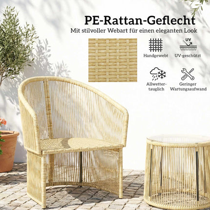 Rattan-Bistro-Set mit Kissen – Tisch & 2 Stühle