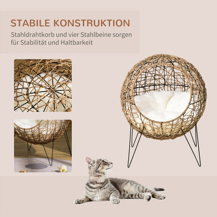 Panier pour chat en rotin avec coussin, niche surélevée pour chat, marron, Ø 45 x 57 cm