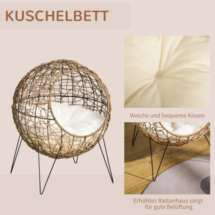 Panier pour chat en rotin avec coussin, niche surélevée pour chat, marron, Ø 45 x 57 cm