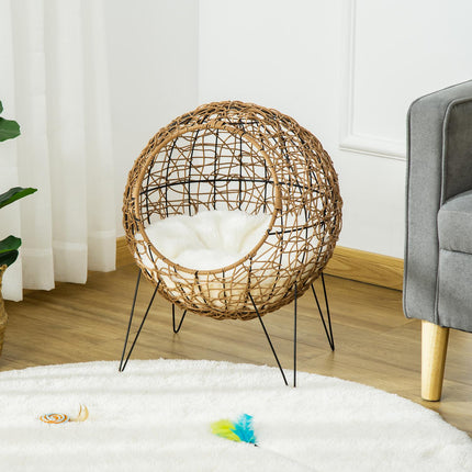 Panier pour chat en rotin avec coussin, niche surélevée pour chat, marron, Ø 45 x 57 cm