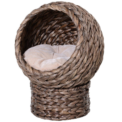 Panier pour chat en rotin, niche douillette avec coussin, panier pour animal en jacinthe d'eau, marron foncé, 42 x 33 x 52 cm