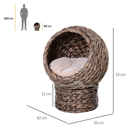 Panier pour chat en rotin, niche douillette avec coussin, panier pour animal en jacinthe d'eau, marron foncé, 42 x 33 x 52 cm