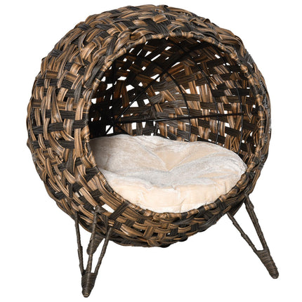 Rattan-Katzenbett, erhöhtes Design mit Kissen, braun, Ø52cm