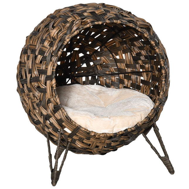 Ratanový pelíšek pro kočky, vyvýšený design s polštářem, hnědá, Ø52cm