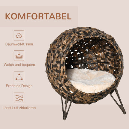 Rattan-Katzenbett, erhöhtes Design mit Kissen, braun, Ø52cm