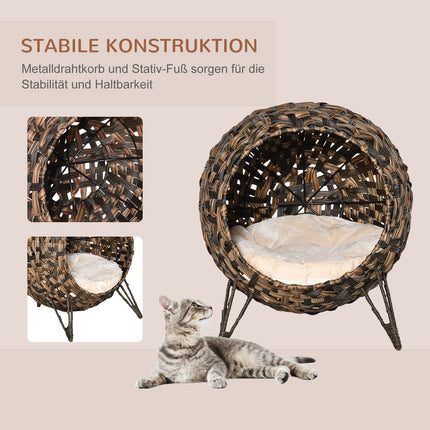 Rattan-Katzenbett, erhöhtes Design mit Kissen, braun, Ø52cm