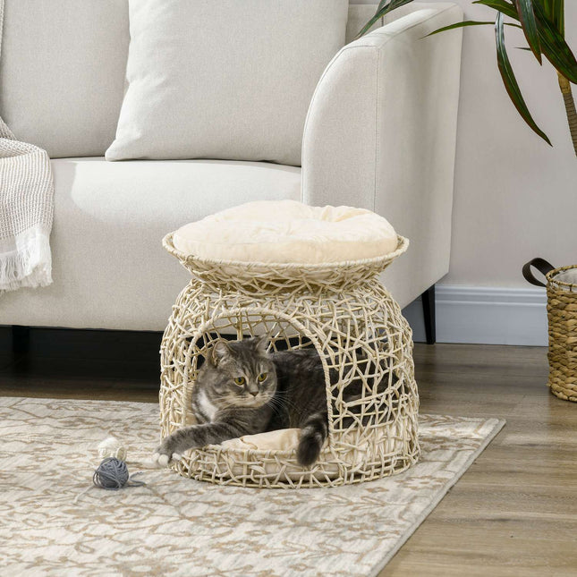 Rattan-Höhlenhaus mit Kissen, zweistöckiges Haus, beige