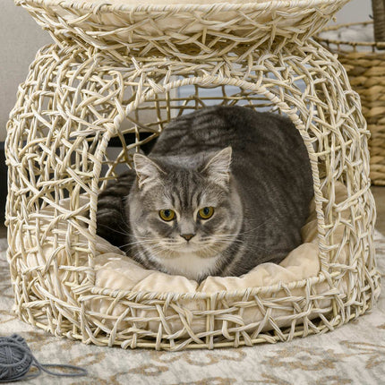 Rattan-Höhlenhaus mit Kissen, zweistöckiges Haus, beige