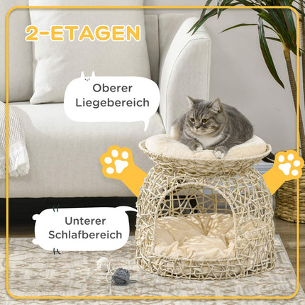 Rattan-Höhlenhaus mit Kissen, zweistöckiges Haus, beige