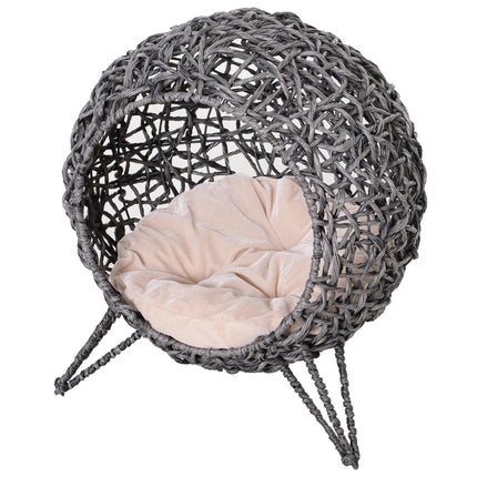 Niche élégante en rotin pour chat avec coussins, pieds surélevés, gris argenté, Ø52 x 58 cm