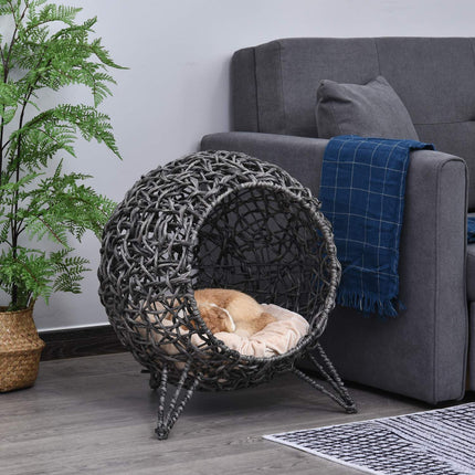Niche élégante en rotin pour chat avec coussins, pieds surélevés, gris argenté, Ø52 x 58 cm