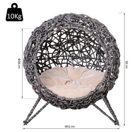 Niche élégante en rotin pour chat avec coussins, pieds surélevés, gris argenté, Ø52 x 58 cm