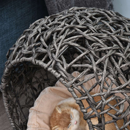 Niche élégante en rotin pour chat avec coussins, pieds surélevés, gris argenté, Ø52 x 58 cm