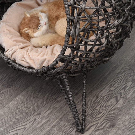 Niche élégante en rotin pour chat avec coussins, pieds surélevés, gris argenté, Ø52 x 58 cm