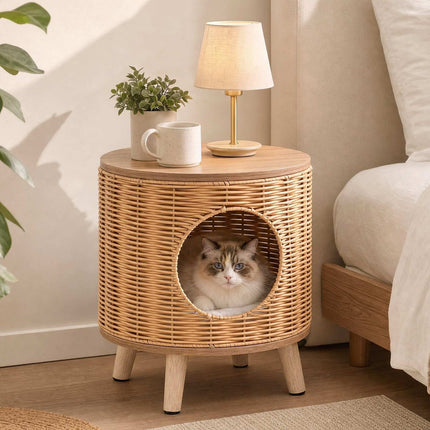 Rattan Cat House with Removable Cushion & Rubberwood Base