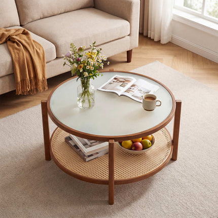 Rattan Coffee Table with Frosted Glass Top and Wood Legs