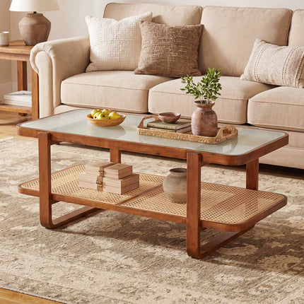 Rattan Coffee Table with Glass Top and Storage Shelf, Walnut
