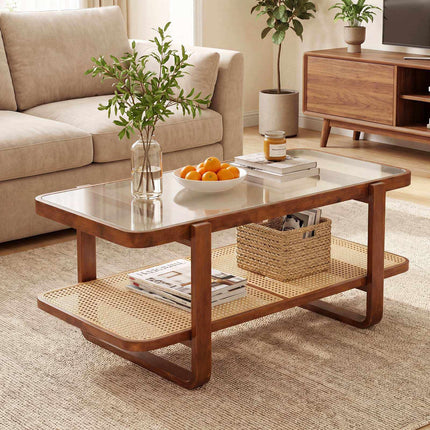 Rattan Coffee Table with Glass Top and Storage Shelf, Walnut