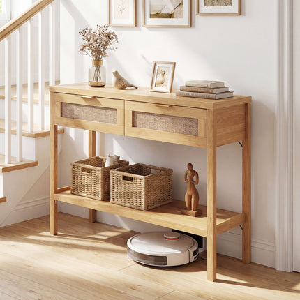 Rattan-Konsolentisch, 2 Schubladen, untere Ablage, Natur