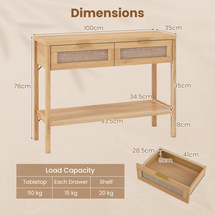 Rattan-Konsolentisch, 2 Schubladen, untere Ablage, Natur